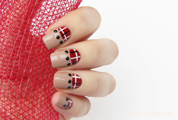 Red plaid half moon nail design Red plaid half moon nail design
